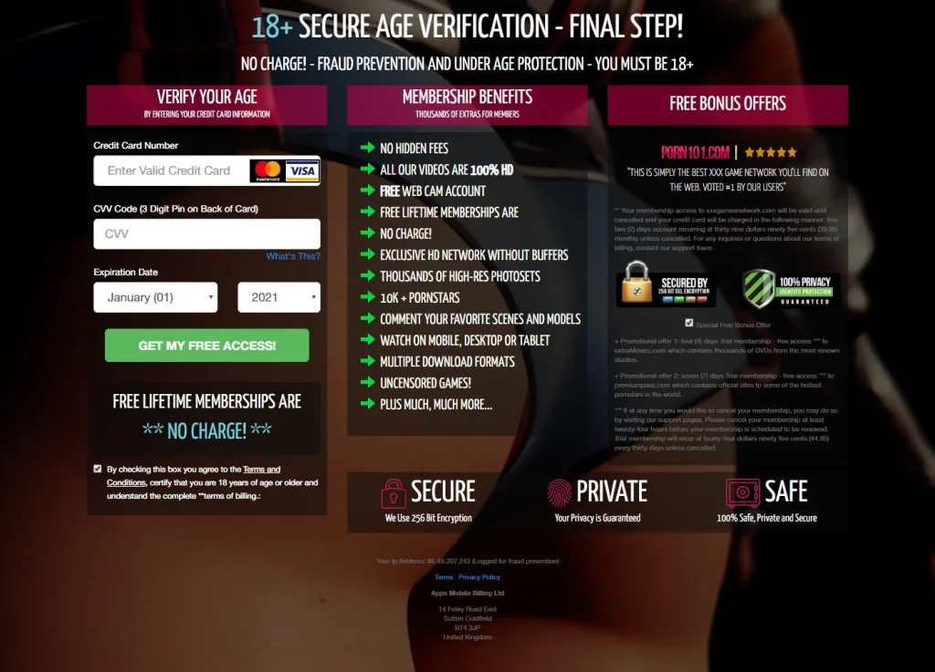 Porn game scam payment page
