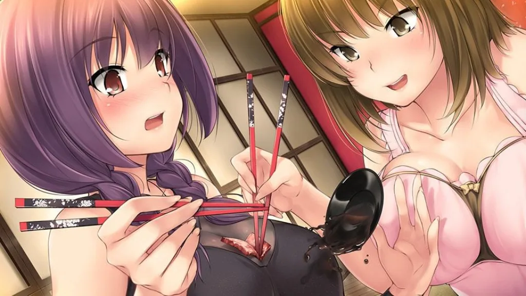 Negligee girls eating sushi on big boobs