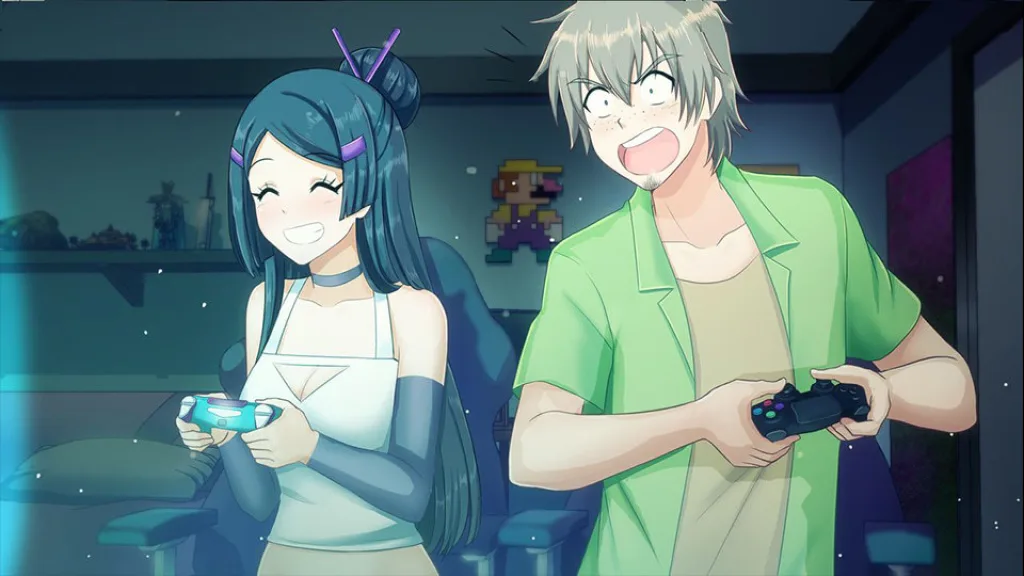 College life girl and boy play video games