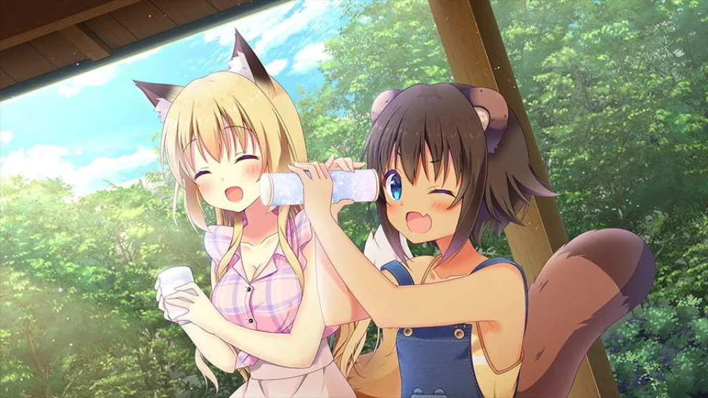 Wabisabi tanuki girl and kitsune girl playing